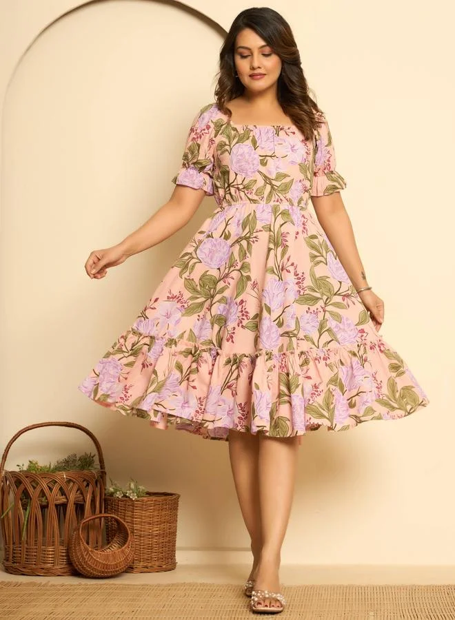 KASYA Pink Cotton Printed Midi Dress